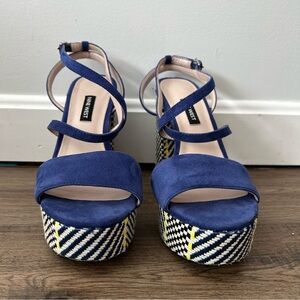 Nine West|Strappy Blue Leather Platform Heels sz 8